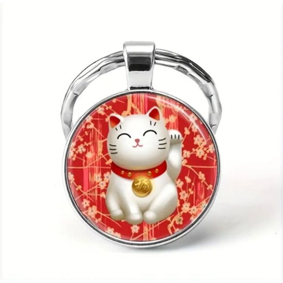 New! Lucky Fortune Cat Glass Cabochon Key Ring Purse Charm - Picture 1 of 3